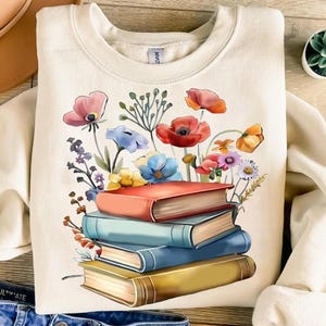 Floral Book Stack PNG, Watercolor Book Lover Sublimation Design, Wildflower Reading PNG for Teachers, Librarians, Bookish Shirt Print