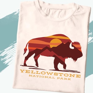 Yellowstone National Park PNG – Retro Bison Silhouette with Sunset and Mountains – National Park Sublimation Design for Nature & Travel Gift