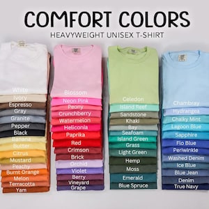 a collection of various colored t-shirts, each with a different color name, arranged in two rows.