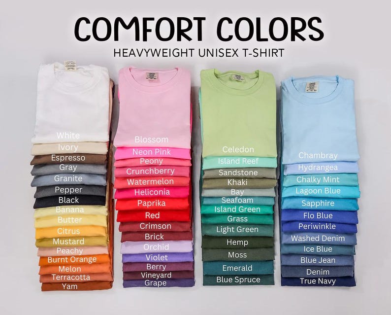 a collection of various colored t-shirts, each with a different color name, arranged in two rows.