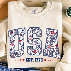 USA EST 1776 Png, Patriotic Floral Letters Sublimation Design, 4th of July USA Shirt Clipart, Vintage Red White Blue Digital Download