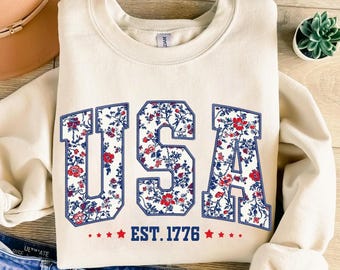 USA EST 1776 Png, Patriotic Floral Letters Sublimation Design, 4th of July USA Shirt Clipart, Vintage Red White Blue Digital Download