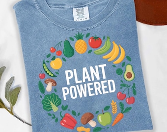 Plant Powered Shirt: Vegan Cotton Blend Tee - Fruit & Veggie Design