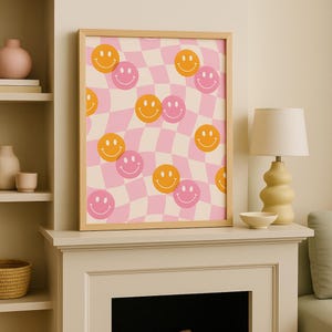 Smiley Schachbrett Kunstdruck, Coole Wanddekoration, Ästhetische Wandkunst, Rosa Poster, Retro Funky Wandkunst, y2k Dekor, Groovy Wohnkultur