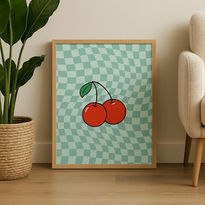 Karierte Kirsche Art Print, Minzgrün Obst gewellte Wandkunst, Retro Funky Poster, gewelltes Schachbrett, coole trendige Wandkunst, Groovy Home Decor