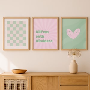 Pink Checker Retro Funky Poster, Wandkunst 3er-Set, Pink Salbeigrün Kunstdruck, Pink Aesthetic Wall Gallery, Modernes Retro-Dekor-Set, y2k