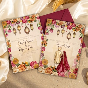 Elegante plantilla de invitación de boda india, ceremonia hindú, descarga digital editable, tarjeta de invitación de boda