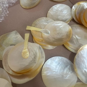 Puede incluir: Una colección de platos de servir redondos de nácar iridiscente y pequeñas cucharas. Los platos varían en tamaño y forma, con un brillo nacarado natural. Algunos platos tienen un ligero tono amarillo.