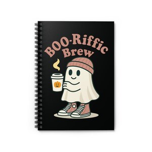 Boo-rific Brew Ghost Notebook, Cute Halloween Coffee Journal, Spooky Spiral Notebook Gift, Ghost Holding Coffee Stationery