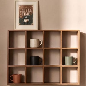 Drewniany organizer i półka na kubki do kawiarni | Wisząca ekspozytor na 12 kubków | Płyta MDF | Przechowywanie na ścianie | Przechowywanie w pokoju | Kaffeetassen Regal