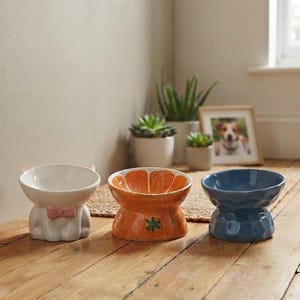 Puede incluir: Tres cuencos de cerámica para mascotas con bases elevadas. El cuenco de la izquierda es blanco con un lazo rosa. El cuenco central es de color naranja con un patrón texturizado de piel de cítrico y una hoja verde. El de la derecha es azul.