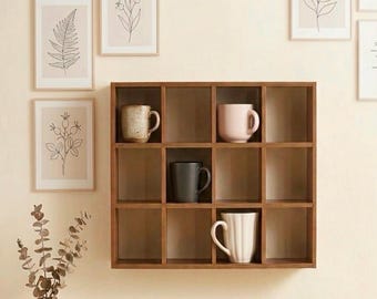 Organizzatore e ripiano in legno per tazze da caffè / Espositore da parete per 12 tazze / MDF / Mobile contenitore a parete / Mobile contenitore per ambienti / Kaffeetassen Regal