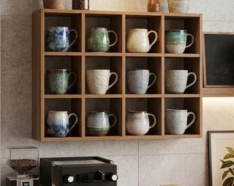 Organizzatore e ripiano in legno per tazze da caffè / Espositore da parete per 12 tazze / MDF / Mobile contenitore a parete / Mobile contenitore per ambienti / Kaffeetassen Regal