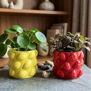 Keramik Vase | Blumentöpfe | Gestreifte Taschenform, Zitrone und Erdbeere geprägt | Wohndekor 14 cm | Obst Decor 13 cm