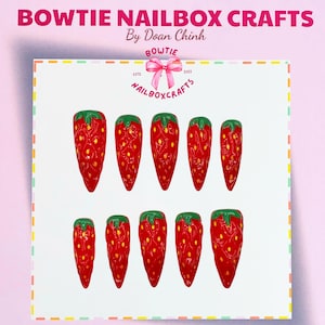 Strawberry Nails, Fruit Cute Nails, Almond Press On Nails | 3D Fruit-Inspired Spring Nails | Acrylic Nails | Cute Pink Nail Gift for Her
