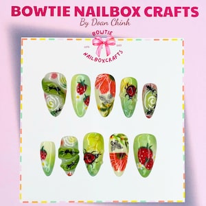 Ladybug and Strawberry Press On Nails, 3D Floral French Tip Nails, Cute Garden Meadow Fake Nails, Spring Summer Handmade Nail Art