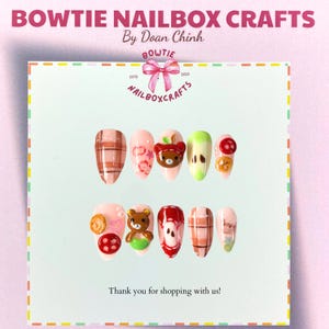 Biscuit and Brown Bear Press On Nails | Rilakkuma, Apple-Themed 3D Nail Art | Handmade Cute Cartoon Kawaii Nails | Reusable Fake Nails