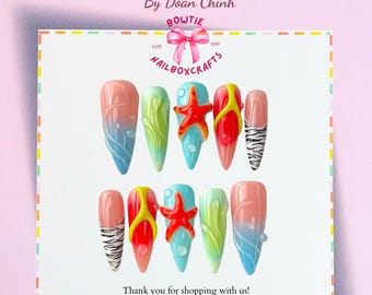 ハンドメイドトロピカルプレスオンネイル | カラフルなサマープレス