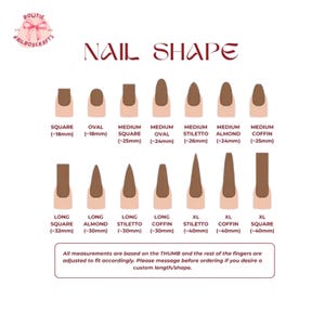 K&ouml;nnte beinhalten: Diagramm der Nagelformen, einschlie&szlig;lich quadratisch, oval, Stiletto und Sarg. Die Ma&szlig;e sind in Millimetern angegeben, wobei die l&auml;ngsten Stile bis zu 40 mm erreichen. Der Text lautet "Nagelform" und enth&auml;lt das Logo von Nailboxcrafts.