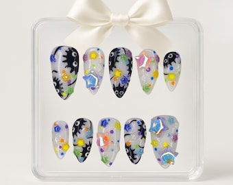 Whimsical Forest Spirit Press On Nails | Soft Green Ombre Anime-Inspired Nail Art | Cute Fantasy Woodland Nail Set Star Charms, Almond Nails