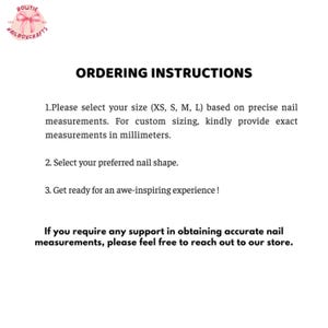 K&ouml;nnte beinhalten: Wei&szlig;er Hintergrund mit dem Text "ORDERING INSTRUCTIONS" in fetter schwarzer Schrift. Anweisungen umfassen die Auswahl der Nagelgr&ouml;&szlig;e (XS, S, M, L) basierend auf Messungen in Millimetern und die Auswahl der Nagelform. Das Bowtie Nailboxcrafts-Logo befindet sich oben links.