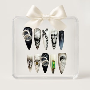 Paznokcie inspirowane JJK Yuuty i Rikaeee | Łańcuszek 3D, zdobienie paznokci dla par z pierścionkiem | Ręcznie robiony zestaw do paznokci w stylu anime gotyckim dla fanów Otaku, zdobienie paznokci w stylu cosplay