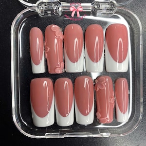 Valentine Pink Flower Press On Nails | 3D Floral French Tip Nail Art | Handmade Pink & White Acrylic Nails | Girly Gift Set