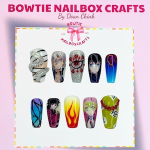 De.mon Slayer Hashira Press-On Nails, Ombre Fiery Nail Art, 3D Snake, Beads, Flame and More, Handmade Anime Nails, Cosplay Nails