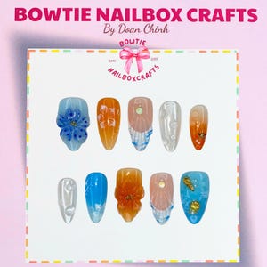 Ocean Dream Press On Nails, Big Blue Flowers, Jellyfish, Shell Nail Art, 3D Starfish, White Wave Handmade Blue Sea Nails, Small Gift For Her