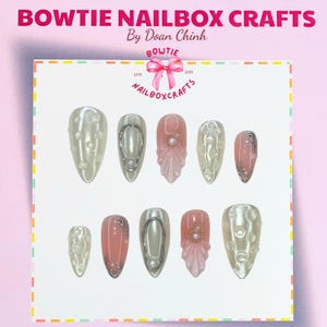 Dreamy Pink Ocean Press On Nails, White Sand, Soft Wave Nail Art, 3D Pearl, Sparkling Charm Beach-Inspired Handmade Nails