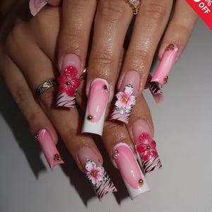 Hand-Painted Y2K Pink Hibiscus 3D Flower Press On Nails | Zebra Print Long Square Fake Nails | Tropical Summer Vacation & Birthday Nail Art