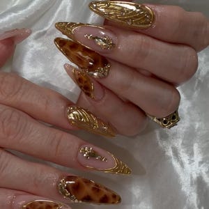 Luxus 3D Gold Chrom Schildpatt Drücken Sie auf die Nägel | Lange Stiletto Animal Print Gefälschte Nägel | Handgefertigte Elegante Party & Event Nailart