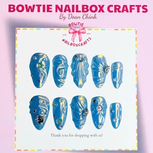 Ocean Dream, Shell Mermaid and Jellyfish Press On Nails | 3D Shell, Starfish & Sea Creatures | Handmade Blue Fantasy Mermaid Nail Art Set