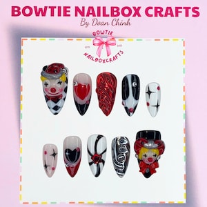Clown de cirque pop à presser sur les ongles, décoration d&#39;ongles arlequin orange blanc effrayant et étoile fait main, ongles pour Halloween et carnaval