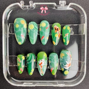 Green Koi Fish Pond Press On Nails | Hand-Painted Nature, Landscape Nails | Realistic Water Lily, Botanical Nail Art Set