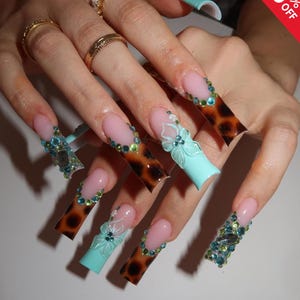 Mermaidcore 3D Flower & Tortoise Shell Long Square Press On Nails | Luxury Y2K Teal Rhinestone Fake Nails | Beach Vacation Nail Art