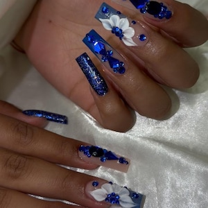 Blue Rhinestone Press on Nails