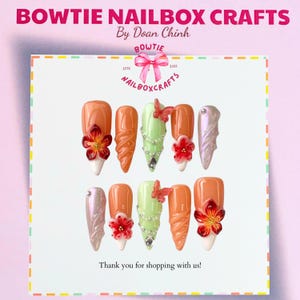 Red Flower Blush Bloom, Double Butterfly Press On Nails | 3D Red Floral & Butterfly Nail Art | Cherry Bow Sweet Romantic Handmade Nails