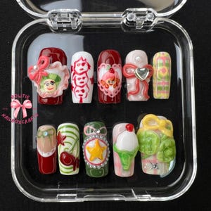 Arte de uñas con dibujos animados, estrellas y personajes adorables / Uñas postizas / Uñas inspiradas en anime kawaii / Set de uñas artesanales Happy Vibe
