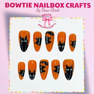 Black Cat Halloween Press On Nails, Orange and Black Gel Nails, Handmade Cosplay Nails for Spooky Season Party, Cat Nails For Animal's Lover