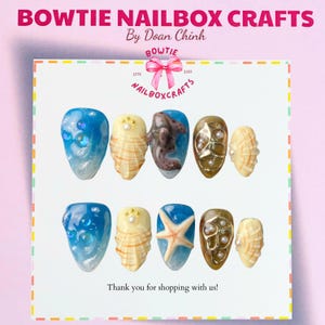 Ocean Dream Jellyfish Press On Nails | Short Blue Sea Nails with 3D Shells & Starfish | Handmade Ocean-Inspired Nail Art Set