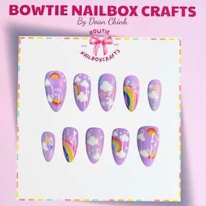 Happy Star Nails, Rainbow Nails, Cloudy Sky Nails | Kawaii Purple Press On Nails | Cute Handmade Medium Nails | Y2K Summer Colorful Nail Art