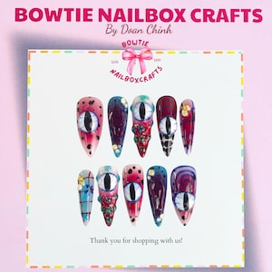 Eyes Horror Press On Nails, Creepy 3D Charms, Demon Eyes Design, Handpainted Halloween Fake Nails, Gothic Reusable Gel Nails