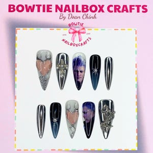 Vergil Inspired Press On Nails, Blue Black Silver Gothic Nail Art with Sword and Spell Motifs, Handmade Fantasy Cosplay Nail Set
