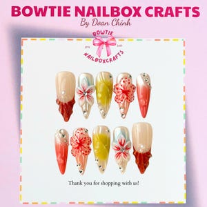 Hand-Painted 3D Flowers & Pink Press On Nails | Custom Floral Nail Art | Elegant Feminine Design | Reusable False Nails for Special Occasion