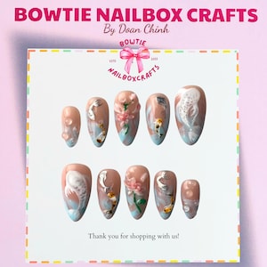 Pink Lotus & Hand-Painted Fish Nail Art, Nature Koi Fish Press On Nails | Custom Realistic Pond Landscape Nail Set