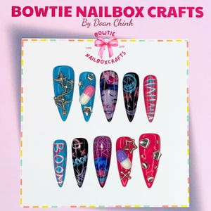 Ar.cane Jinx Character Inspired Press On Nails, Blue Pink Graffiti Art with 3D Pill, Silver Star Charm, Hand-Painted Haha Boom, Cosplay Nail