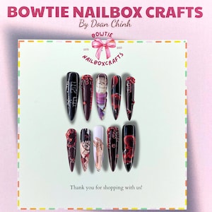 Magic Boy Anime Press On Nails, Red Black Swirl Gothic, Handmade Nails, Cosplay Fake Nails Gift, Wibu Anime-Inspired Nail Art Set