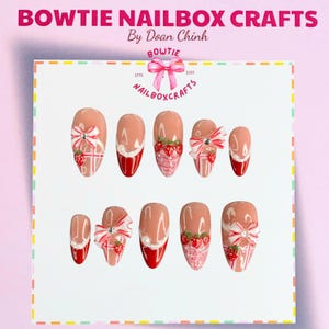 Cute Strawberry, Kawaii Nail, Strawberry Picnic Press On Nails | 3D Strawberry & Bow Nail Art | Vintage Style | Red Pink Cute Summer Nails