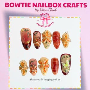 Autumn Vibes Nail, Brown Luxe, Floral Press On Nails, Medium Almond Nails, Elegant Fall, Floral Design, Handmade Sophisticated, Nail Art